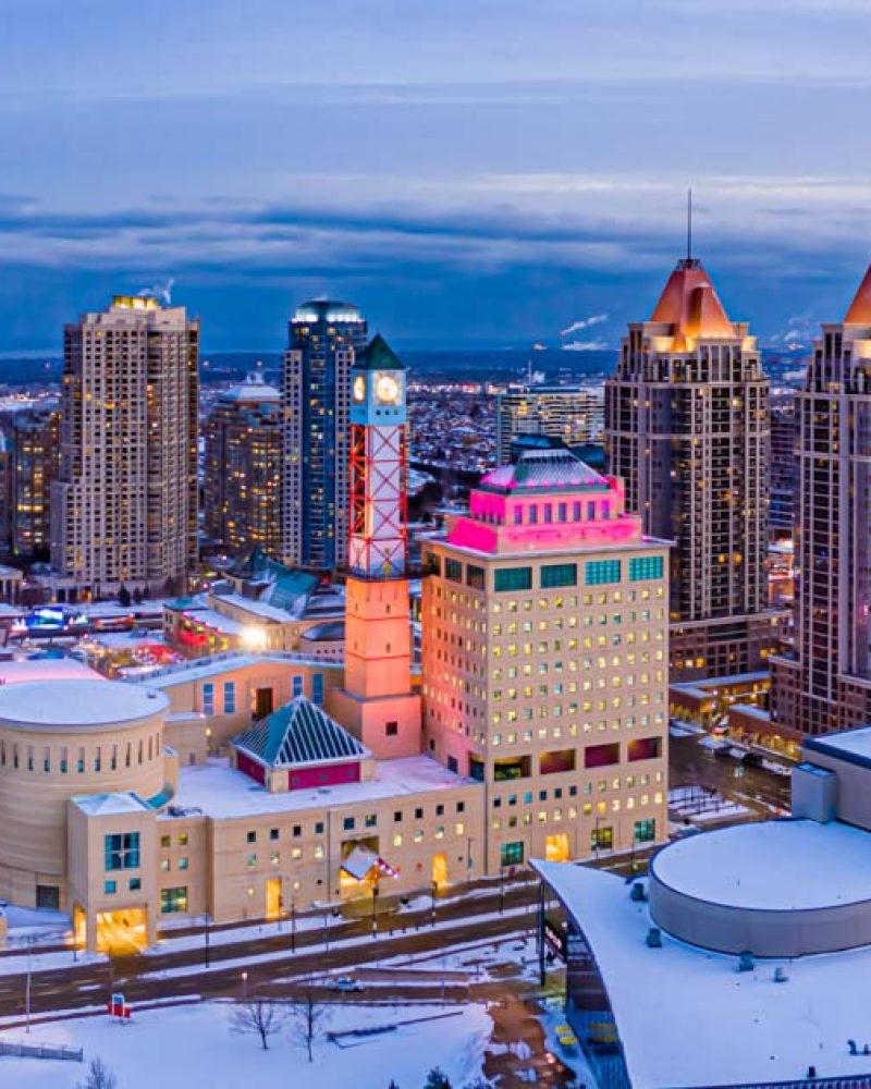 Evening, aerial, winter view of  downtown Mississauga and clock